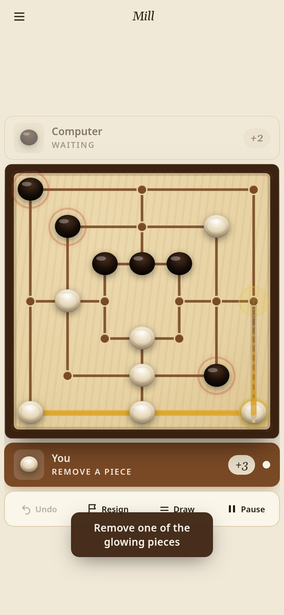 Mill board: a mill just closed, choose a stone to take