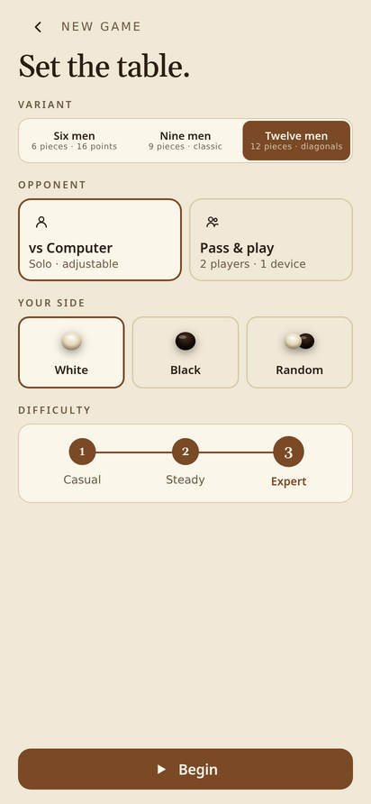 Mill new-game setup: six, nine or twelve stones