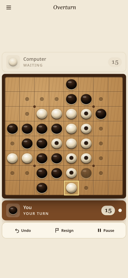 Overturn: an 8×8 game in progress, legal moves shown